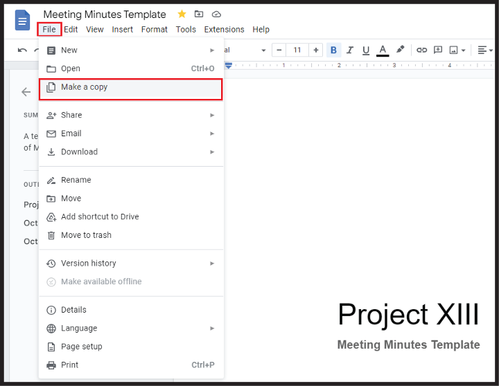 Copying The Minutes of Meeting Template File